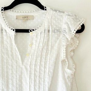 LOFT White 100% Cotton Lightweight Swiss Dot Ruffle Sleeveless Shell Blouse Size